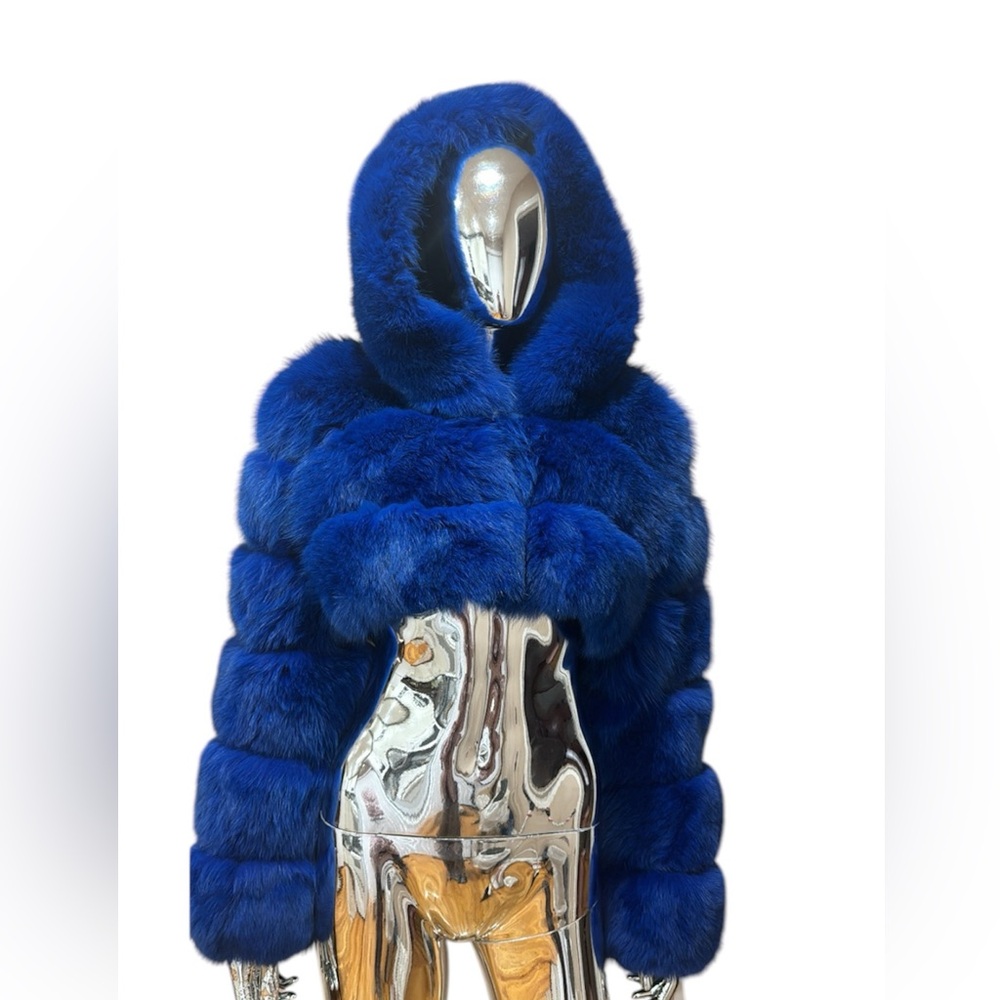Blue hooded fox fur crop jacket